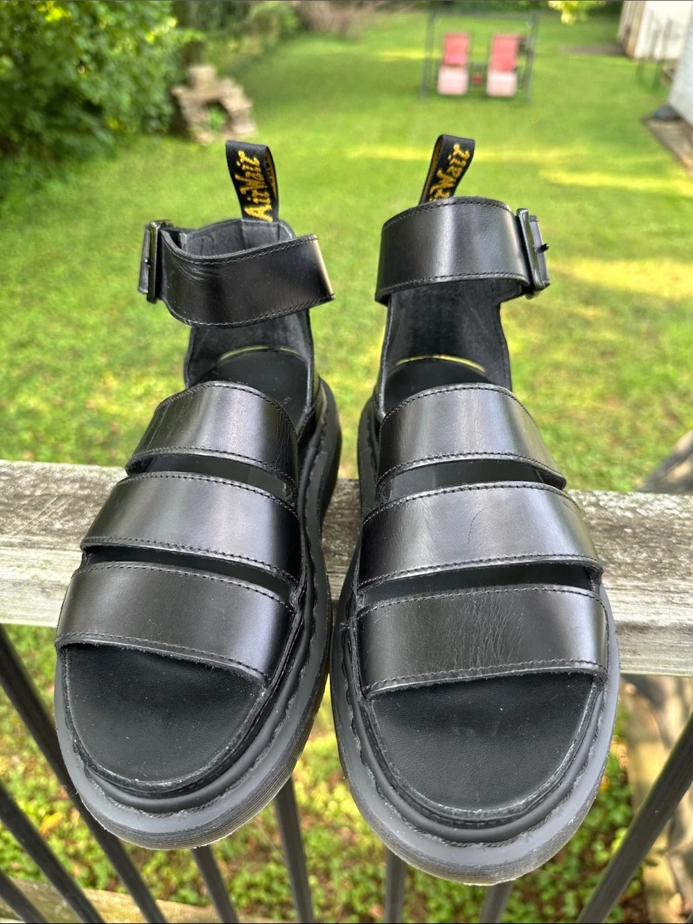 Dr. Martens Clarissa II Black Leather Triple-Strap Platform Gladiator Sandals 6